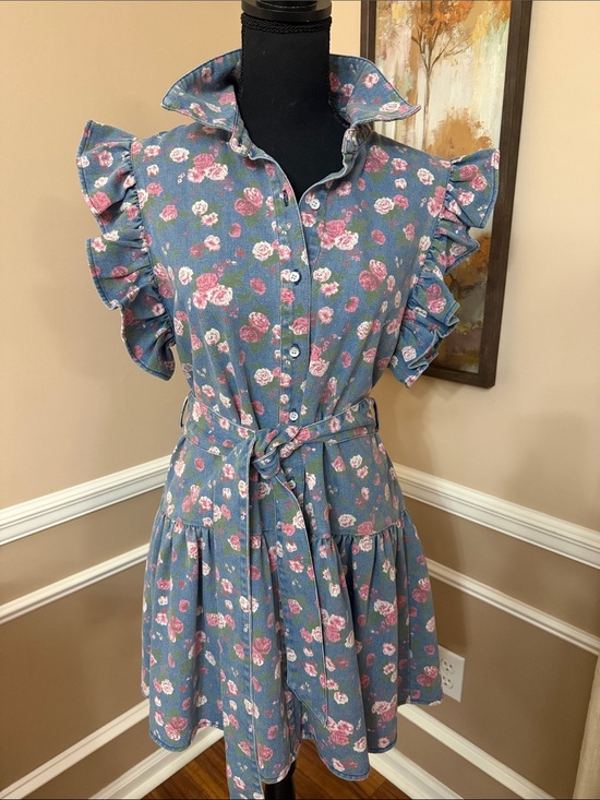 lovelo Dresses & Skirts - Floral Ruffle Belted Button-Up Dress - Blue with Pink Roses